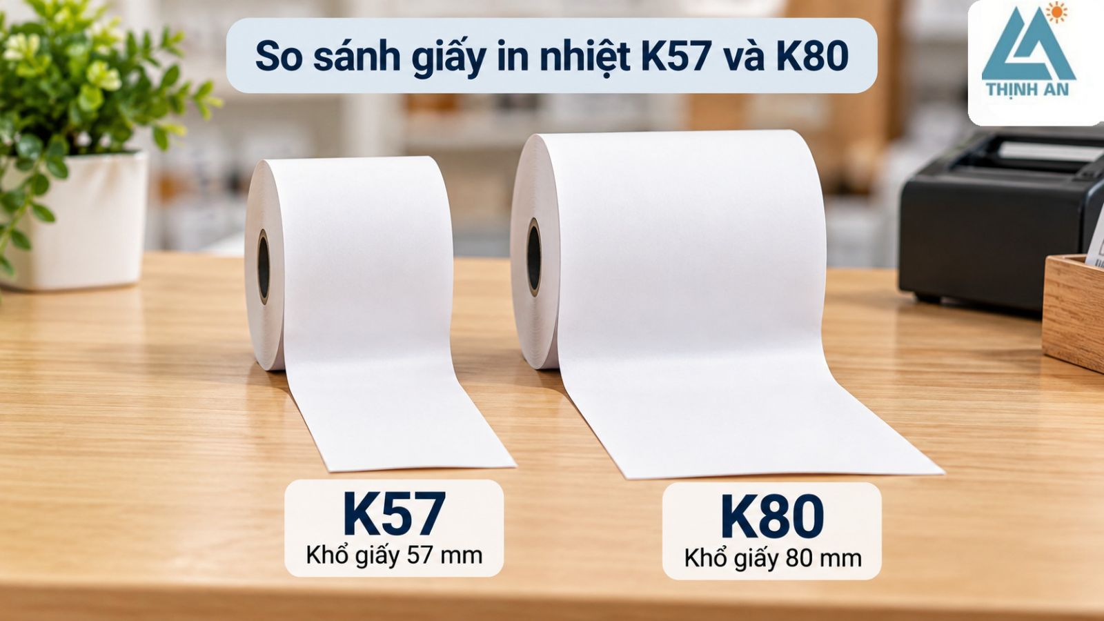 Hai cuộn giấy in nhiệt K57 và K80 đặt cạnh dải giấy 57 mm và 80 mm có bề rộng khác nhau