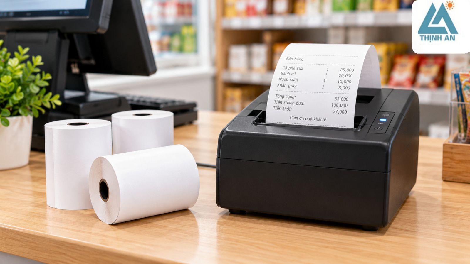 Máy in hóa đơn nhiệt đang in bill tại quầy thanh toán bên cạnh các cuộn giấy