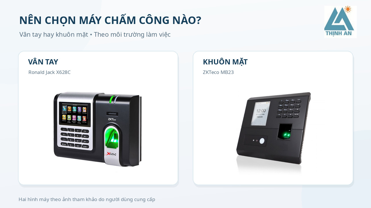 Hai thiết bị chấm công tham khảo: máy nhận diện khuôn mặt ZKTeco MB23 và máy vân tay Ronald Jack X628C
