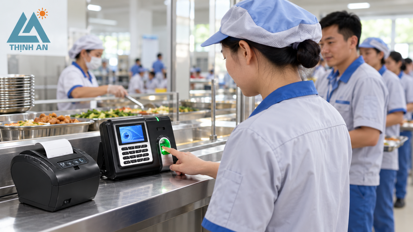 Nhân viên xác nhận suất ăn và nhận phiếu tại nhà ăn nhà máy