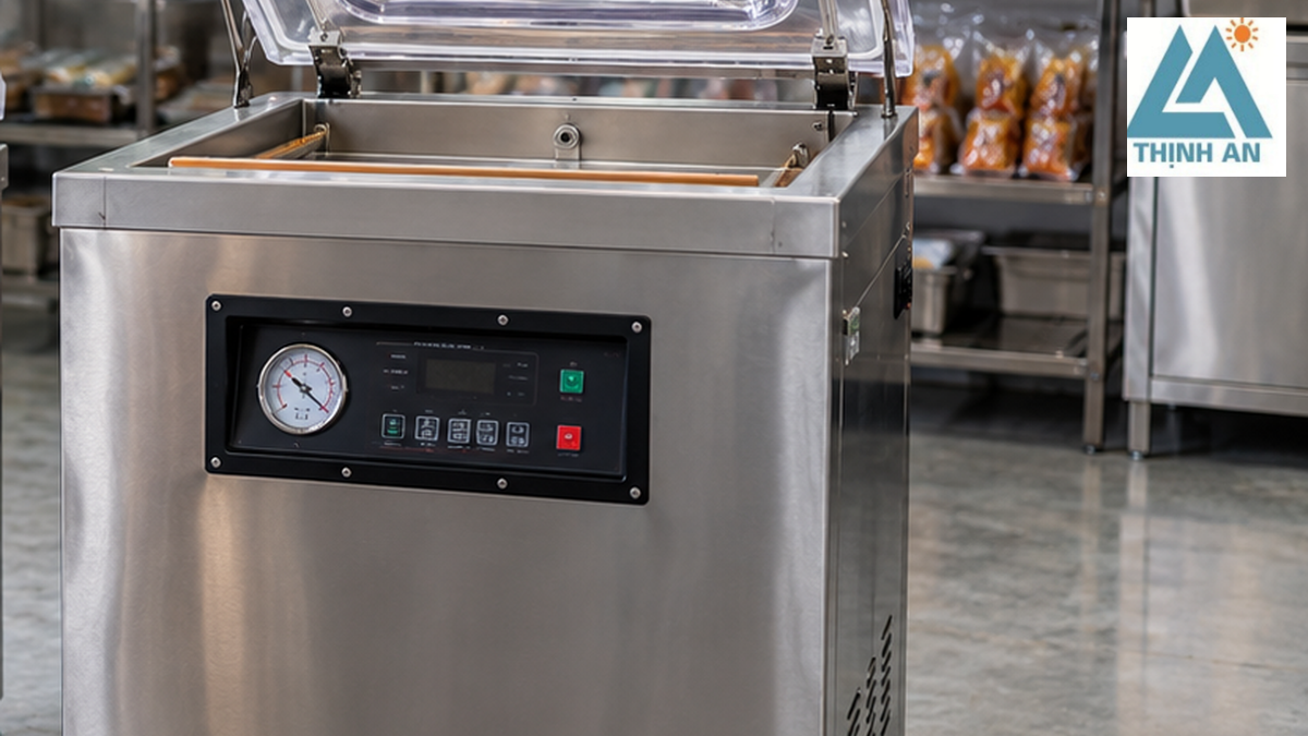 Cận cảnh thân máy buồng hút chân không inox kích thước lớn có đồng hồ áp suất và nắp trong suốt