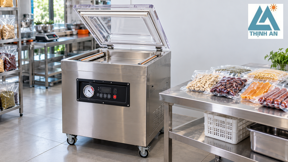 Máy hút chân không buồng inox tại cơ sở đóng gói thực phẩm khô và các túi hạt đã hút