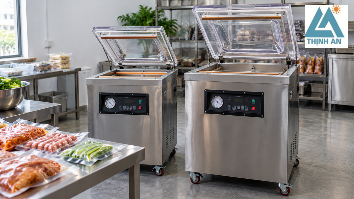Hai máy hút chân không buồng inox có nắp trong suốt với kích cỡ khác nhau tại khu đóng gói thực phẩm