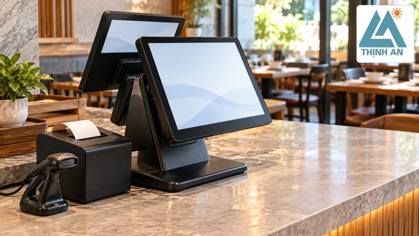 Bộ máy POS hai màn hình và các thiết bị bên cạnh gồm máy in hóa đơn, máy quét mã vạch