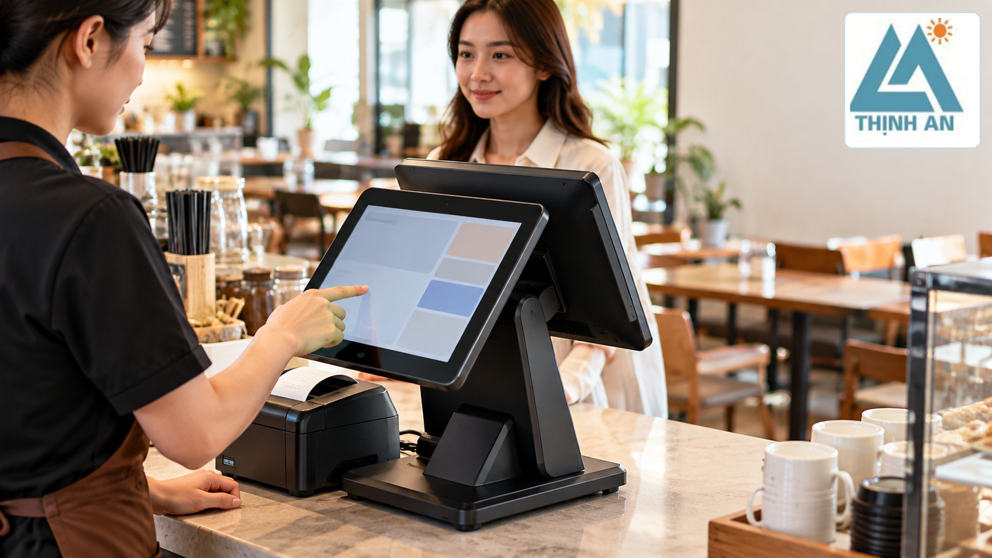 Nhân viên sử dụng màn hình chính POS tại quán cà phê, màn hình phụ quay về phía khách