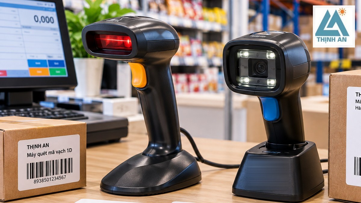Hai kiểu máy quét mã vạch cầm tay và kiện hàng có tem mã sọc cùng mã QR để minh họa việc chọn 1D hay 2D