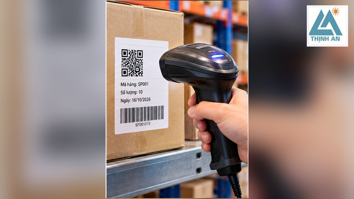 Nhân viên kho dùng máy quét mã vạch kiểm tra nhãn thùng hàng có mã QR và mã sọc tại khu vực kệ hàng