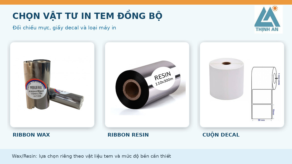 Cuộn giấy decal tem trắng đặt cùng cuộn ribbon Wax và Resin