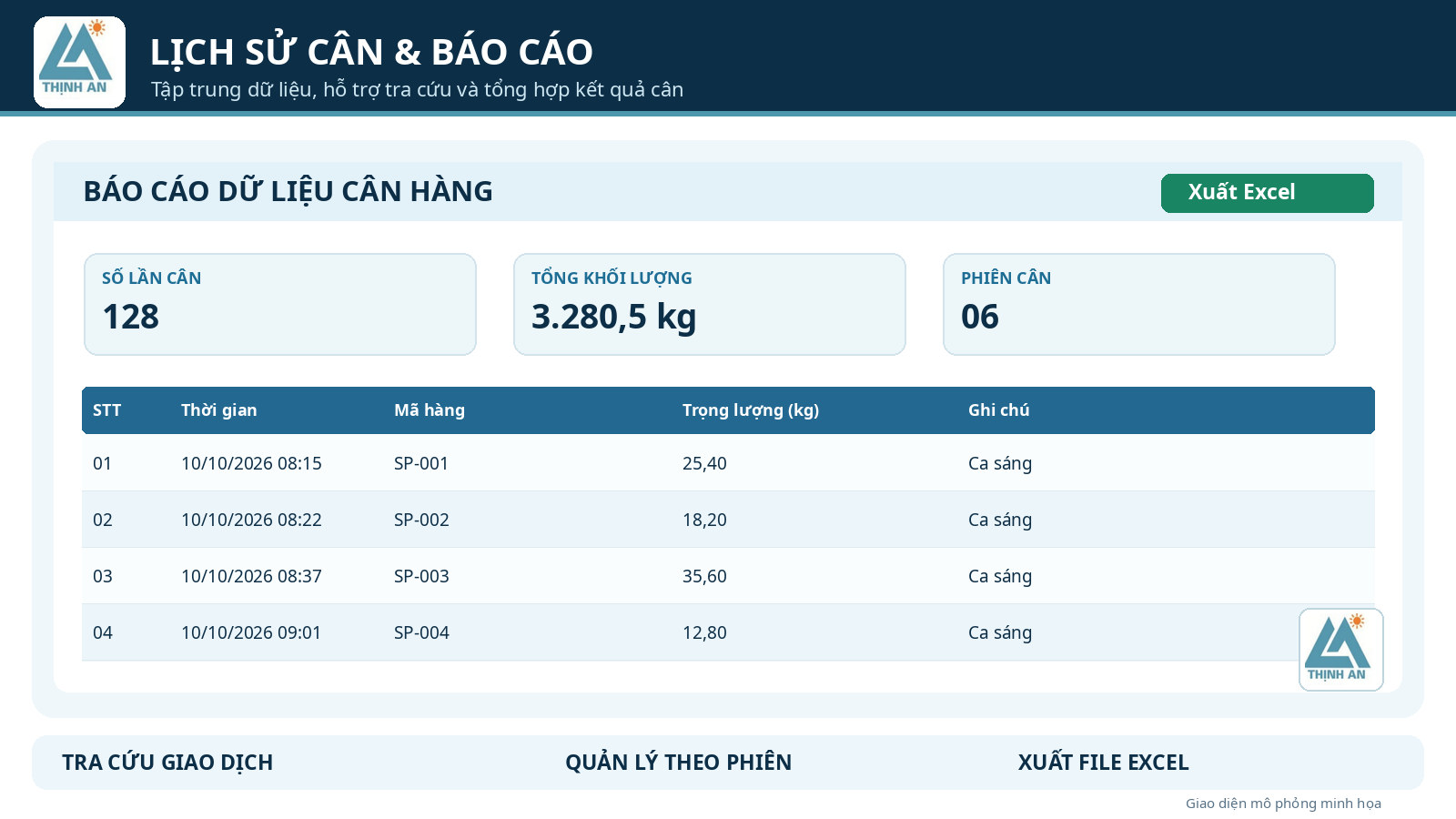 Minh họa chức năng quản lý lịch sử cân và xuất báo cáo Excel của phần mềm cân Thịnh An